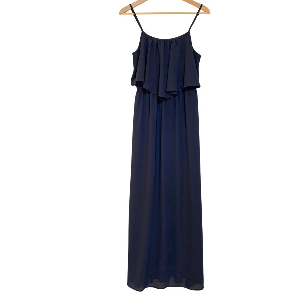 Xhiliration Womens Spaghetti Strap Tiered Maxi Dress Size Medium Navy‎ Blue